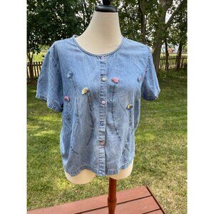 3D Vintage Floral Embroidered Denim Top L Lemon Grass Womens Y2K Button Up